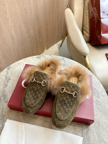 GUCCI Olive Princetown shearling suede Mules
