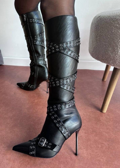 Black Buckle High Knee Boots