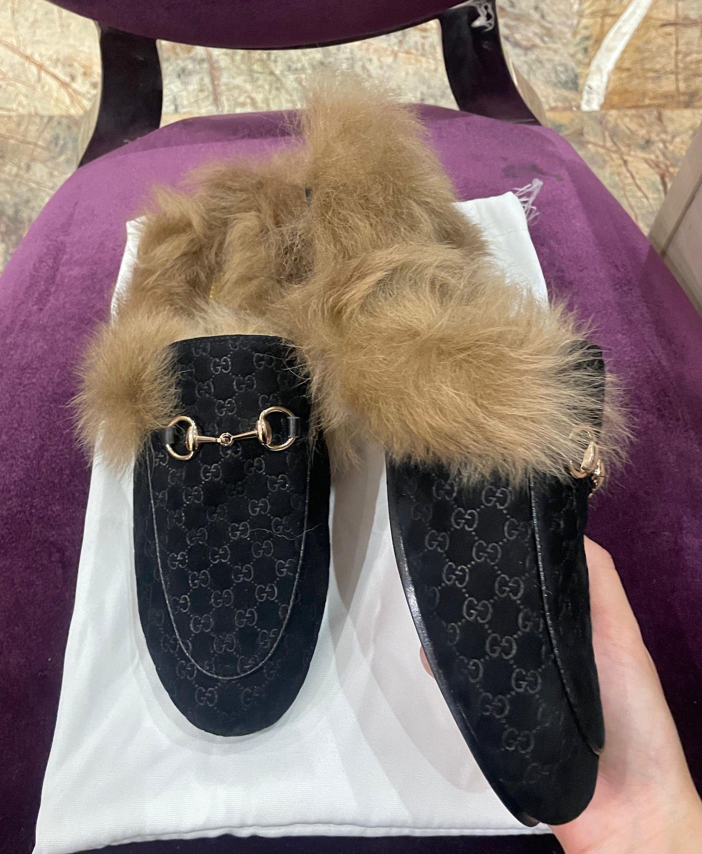 GUCCI Black Princetown shearling suede Mules