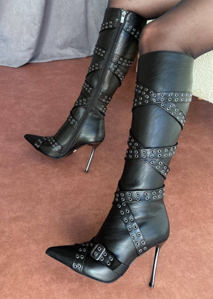 Black Buckle High Knee Boots