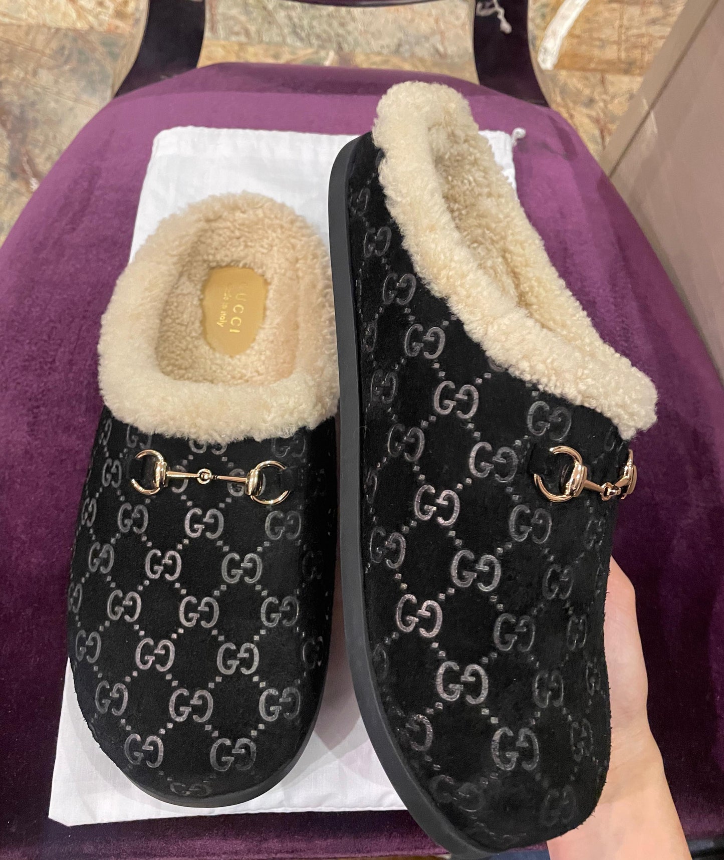 GUCCI Horsebit Black GG Beige shearling-trimmed suede mules
